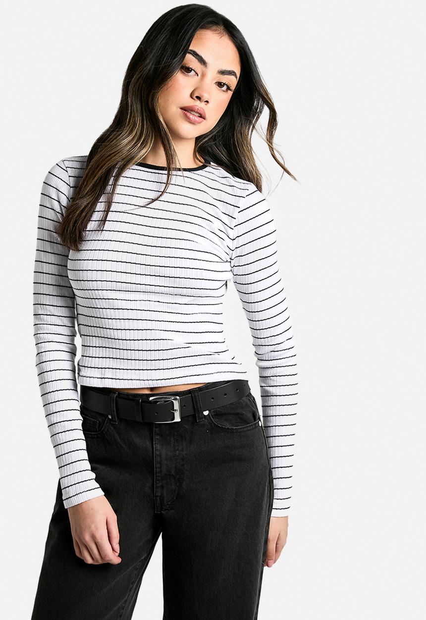 boohoo - Stripe rib long sleeve top - white