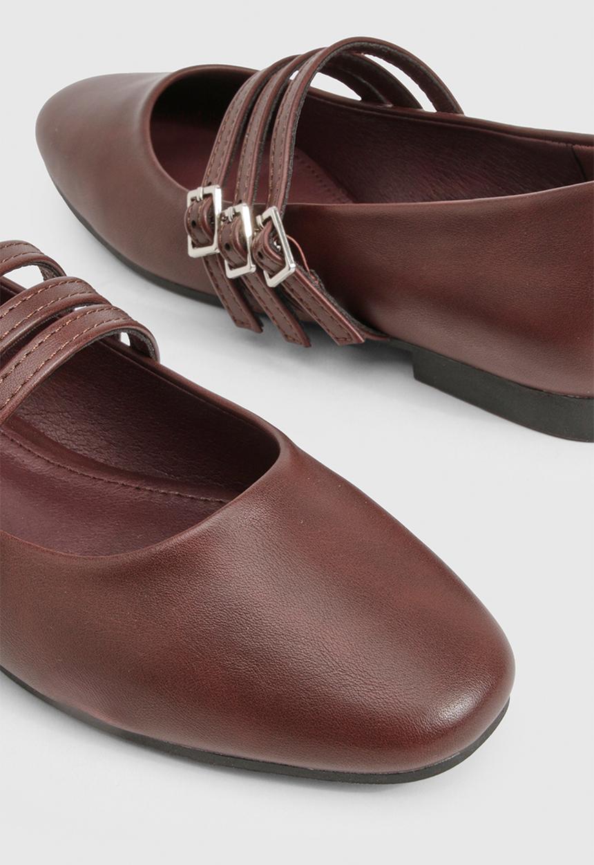 boohoo - Triple strap mary jane ballet flats - burgundy