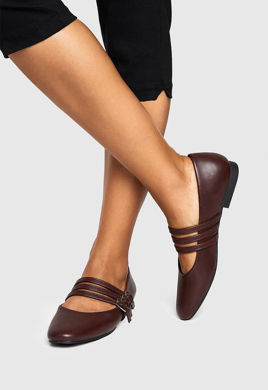boohoo - Triple strap mary jane ballet flats - burgundy