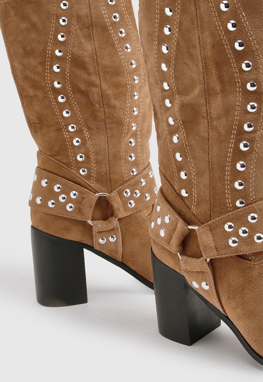 boohoo - Faux suede square toe stud western boots - tan