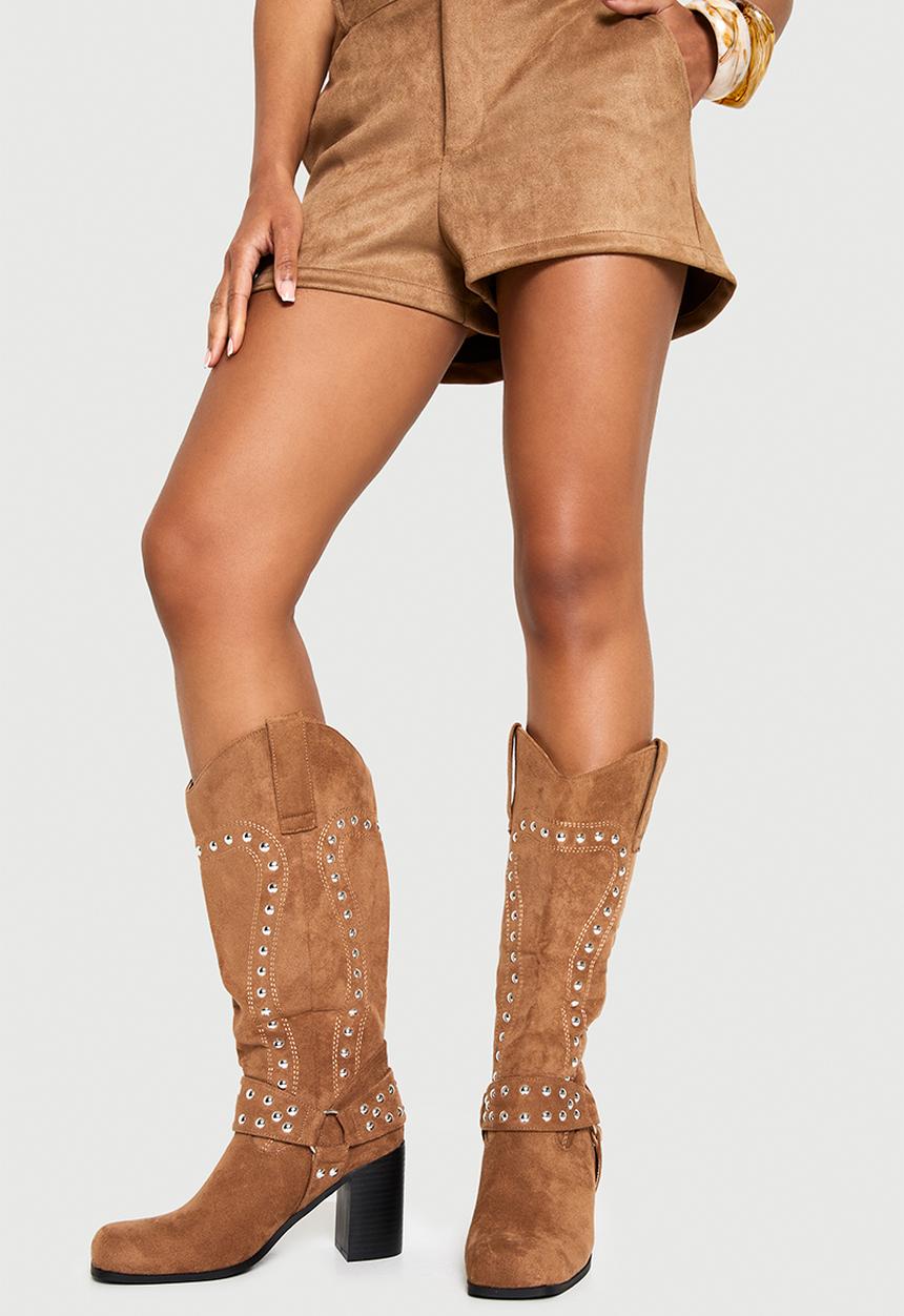 boohoo - Faux suede square toe stud western boots - tan