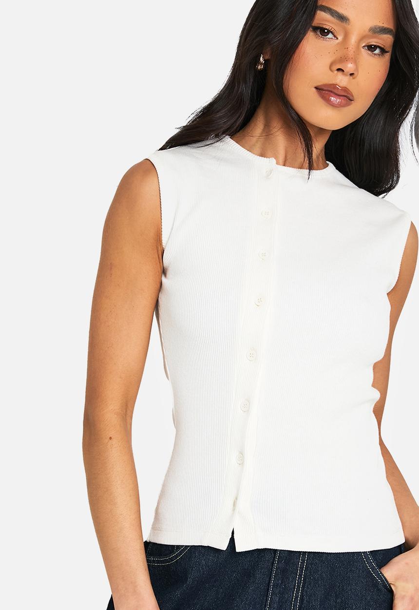 boohoo - Heavy rib button through sleevless top - ecru