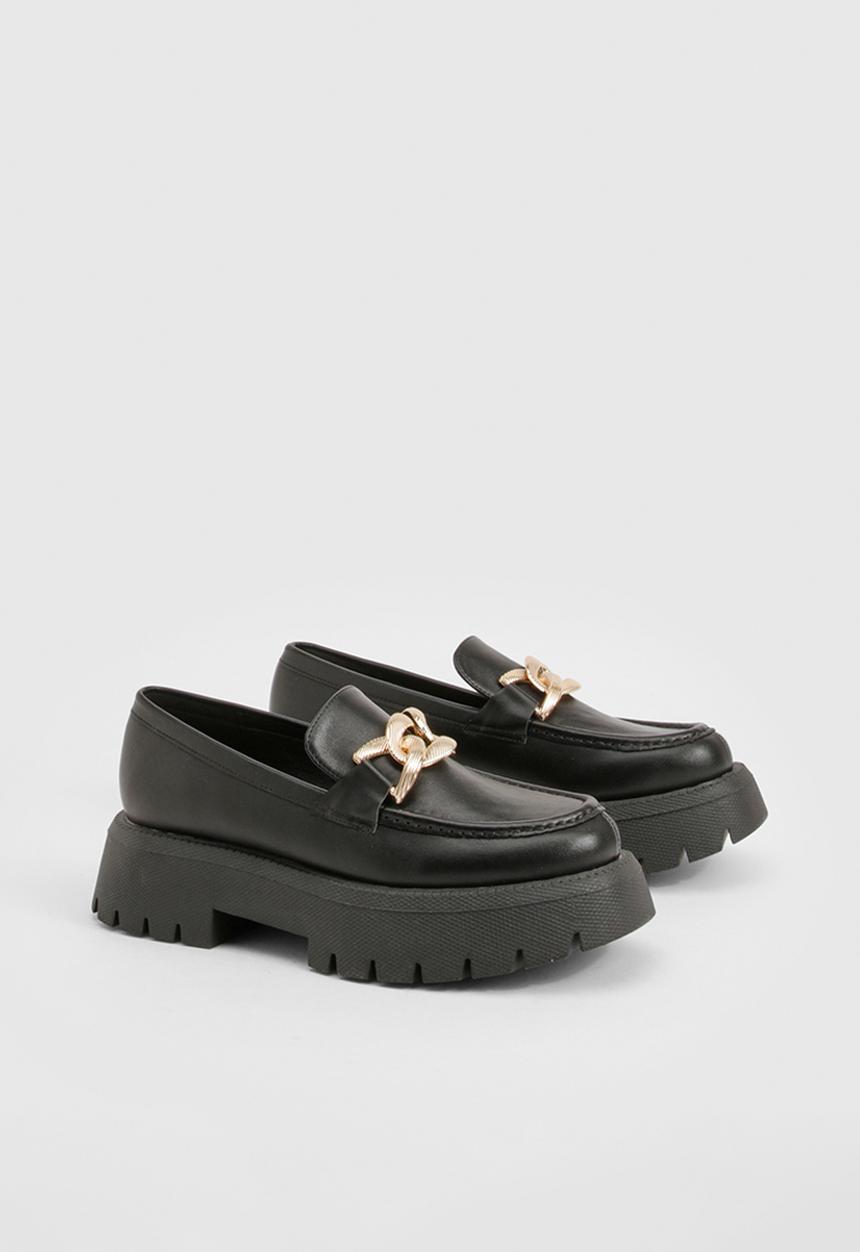 boohoo - Wide fit chunky overlay strap hardware loafers - black
