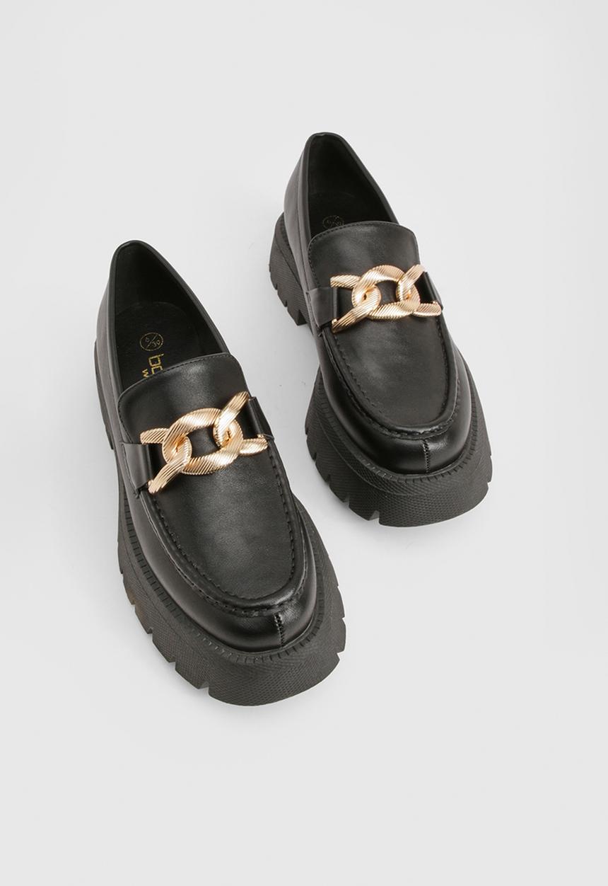 boohoo - Wide fit chunky overlay strap hardware loafers - black