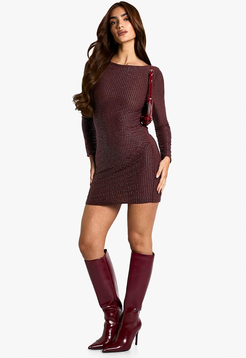 boohoo - Hot fix scoop back mini dress - mauve