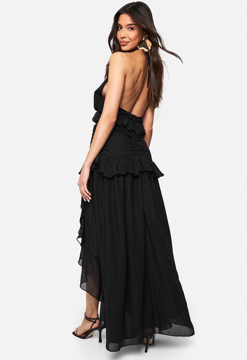 boohoo - Halterneck chiffon ruffle detail maxi dress - black