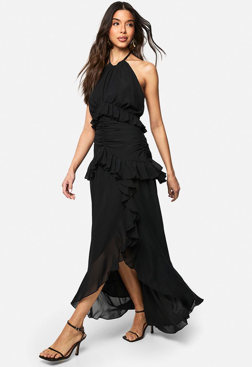 boohoo - Halterneck chiffon ruffle detail maxi dress - black
