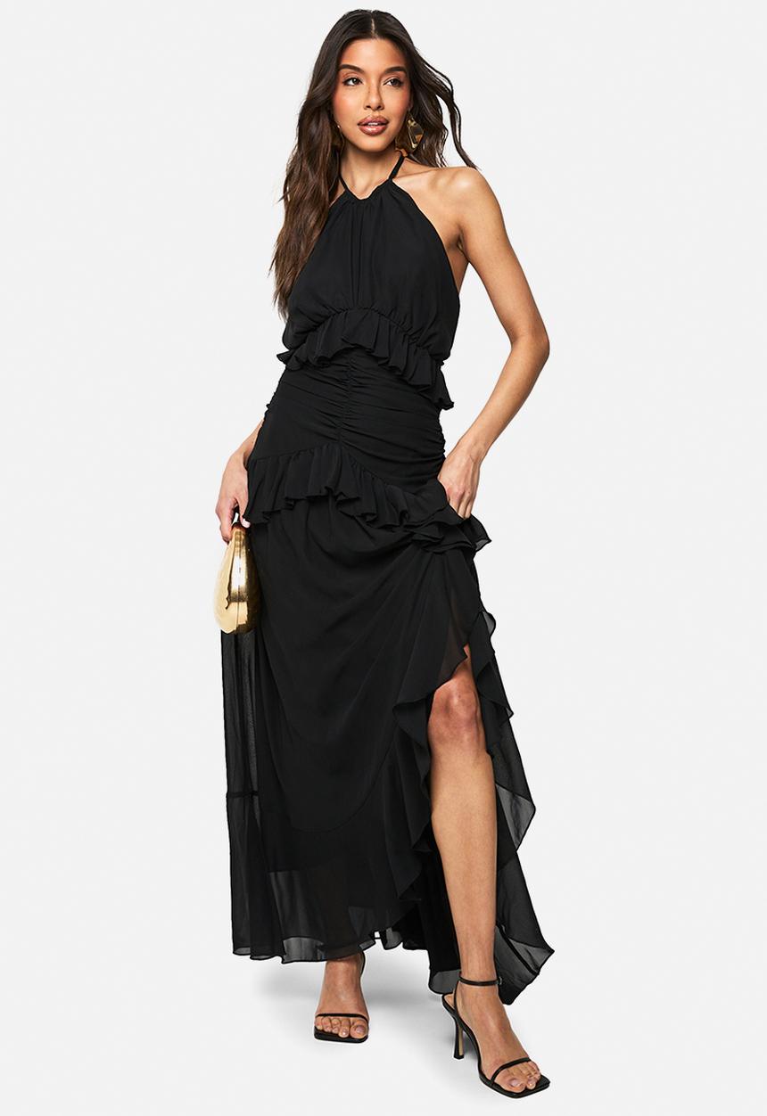 boohoo - Halterneck chiffon ruffle detail maxi dress - black