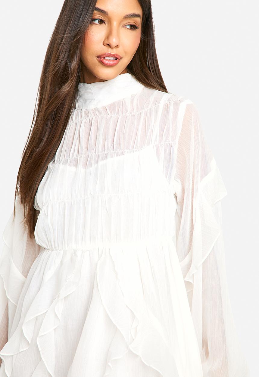 boohoo - Crinkle chiffon funnel neck ruffle smock dress - ivory