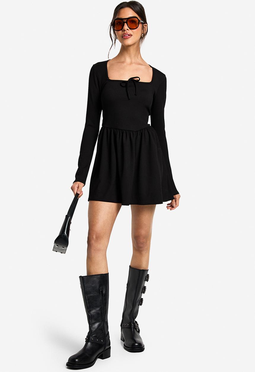 boohoo - Tie neck detail smock mini dress - black