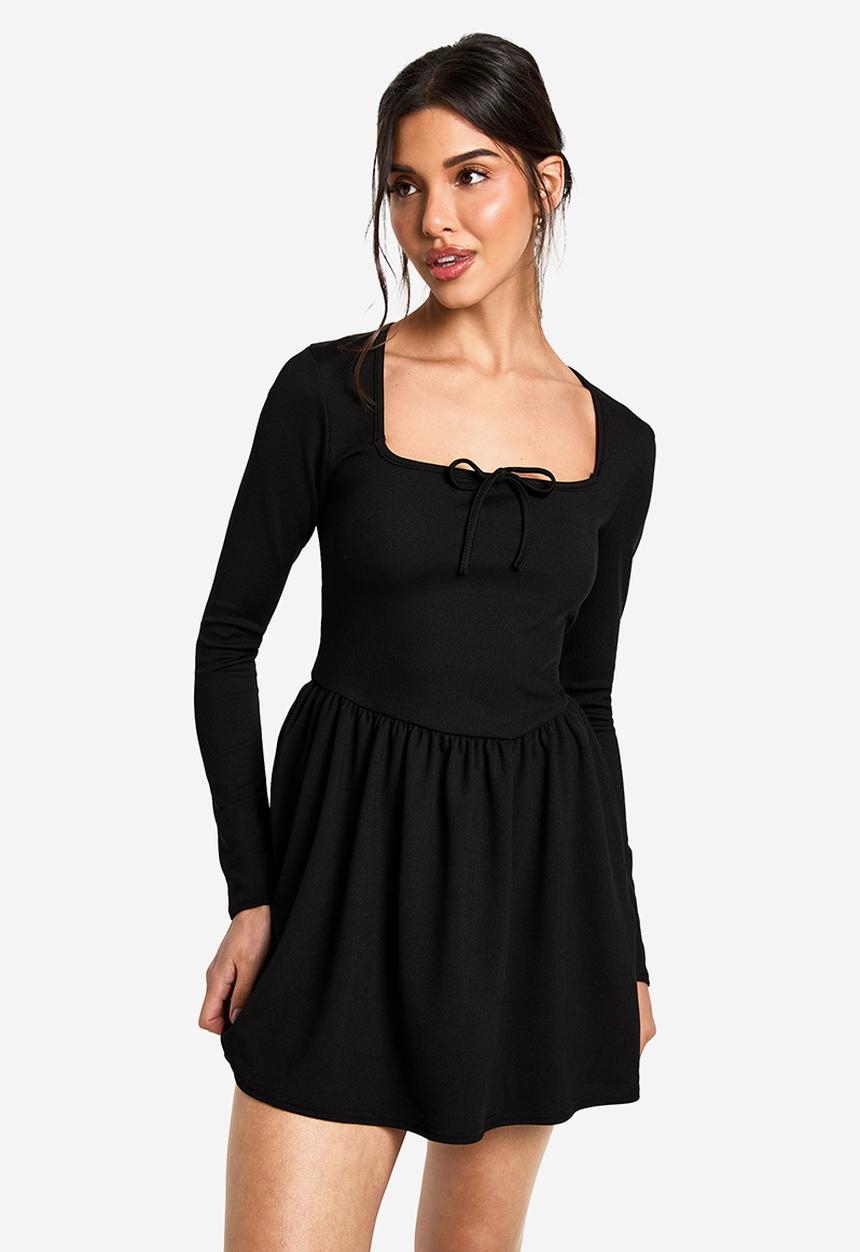 boohoo - Tie neck detail smock mini dress - black