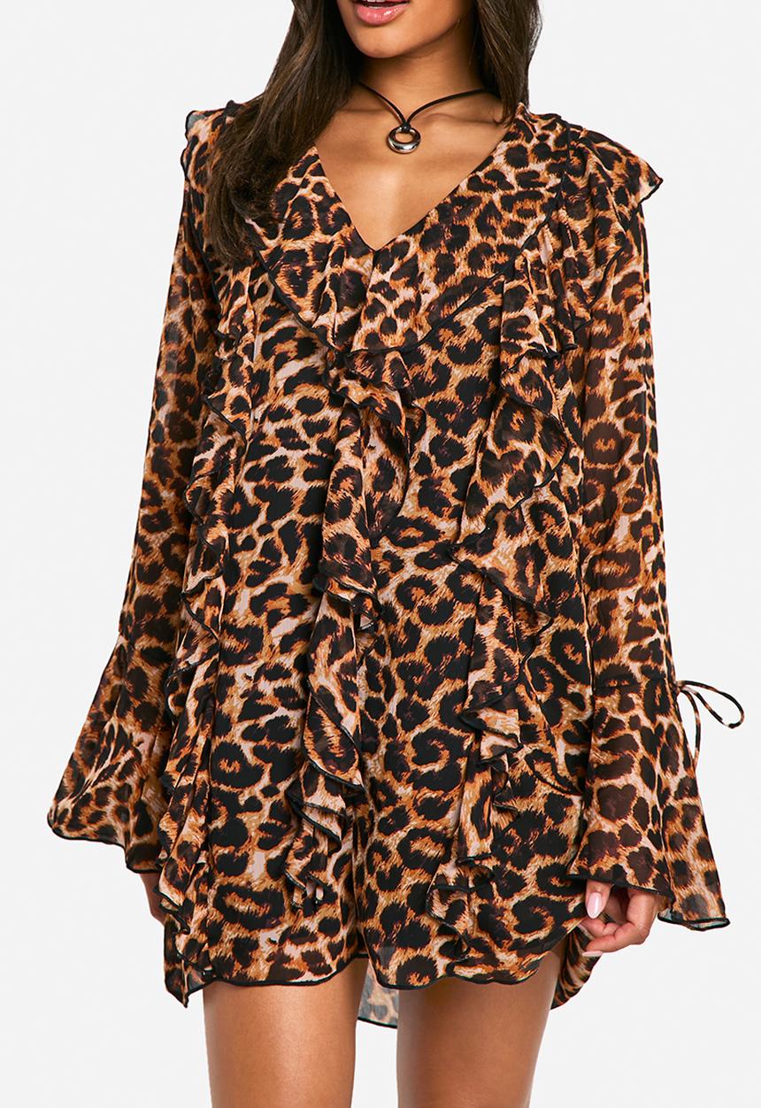 boohoo - Leopard ruffle shift dress - brown