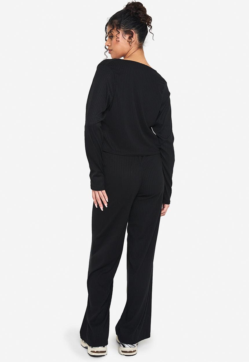 boohoo - Rib tie front long sleeve top and drawstring straght leg tr - black