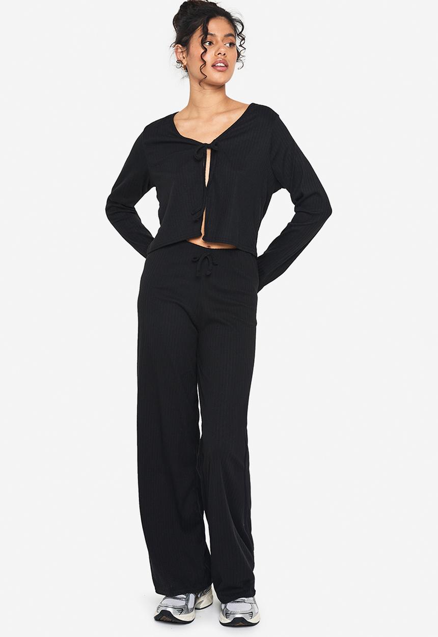 boohoo - Rib tie front long sleeve top and drawstring straght leg tr - black