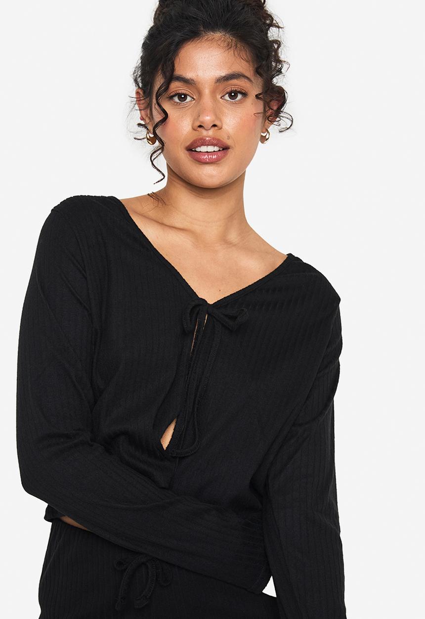 boohoo - Rib tie front long sleeve top and drawstring straght leg tr - black