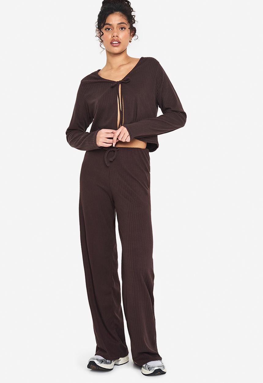 boohoo - Rib tie front long sleeve top and drawstring straight leg t - chocolate