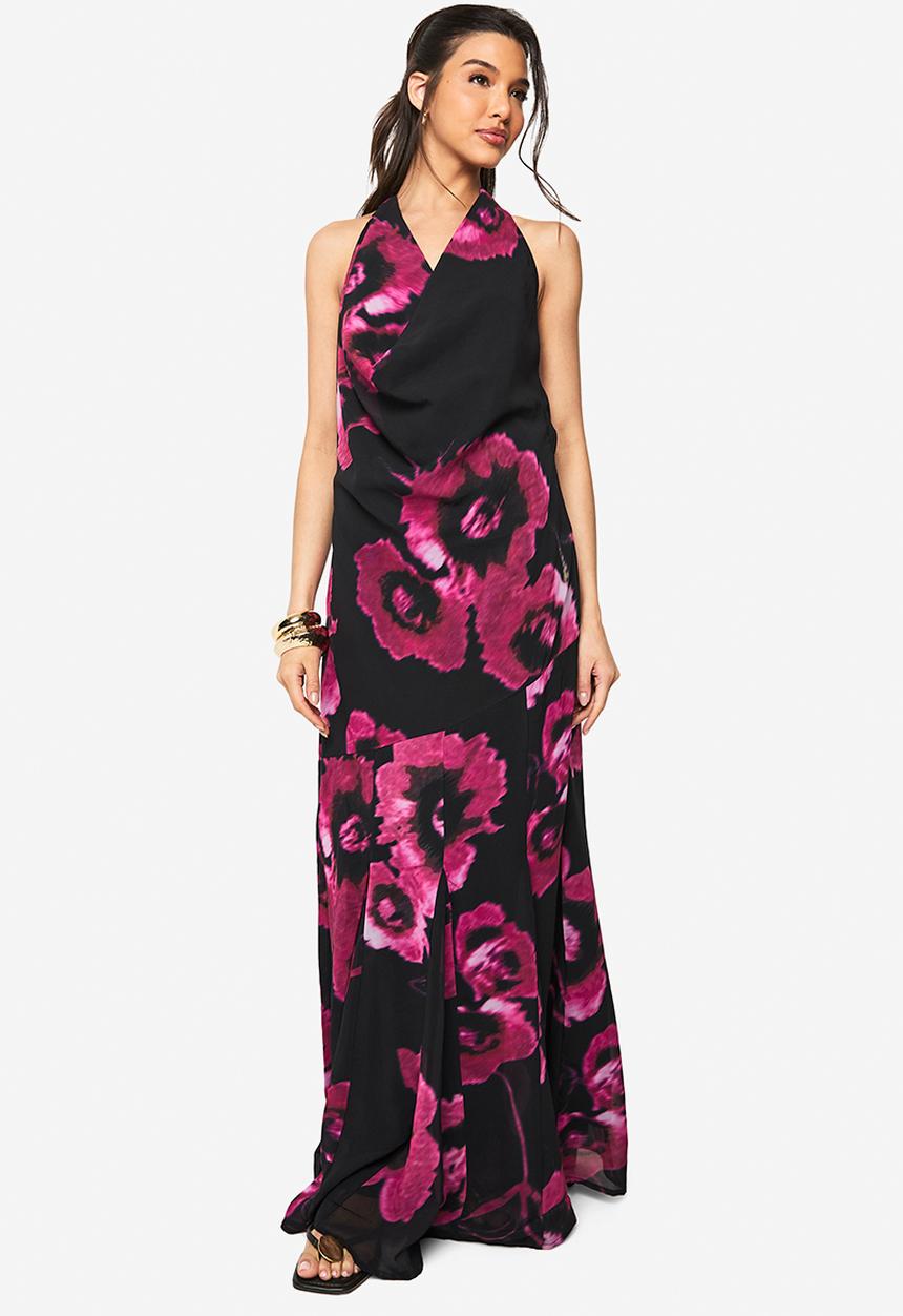 boohoo - Floral chiffon halter neck cowl maxi dress - black