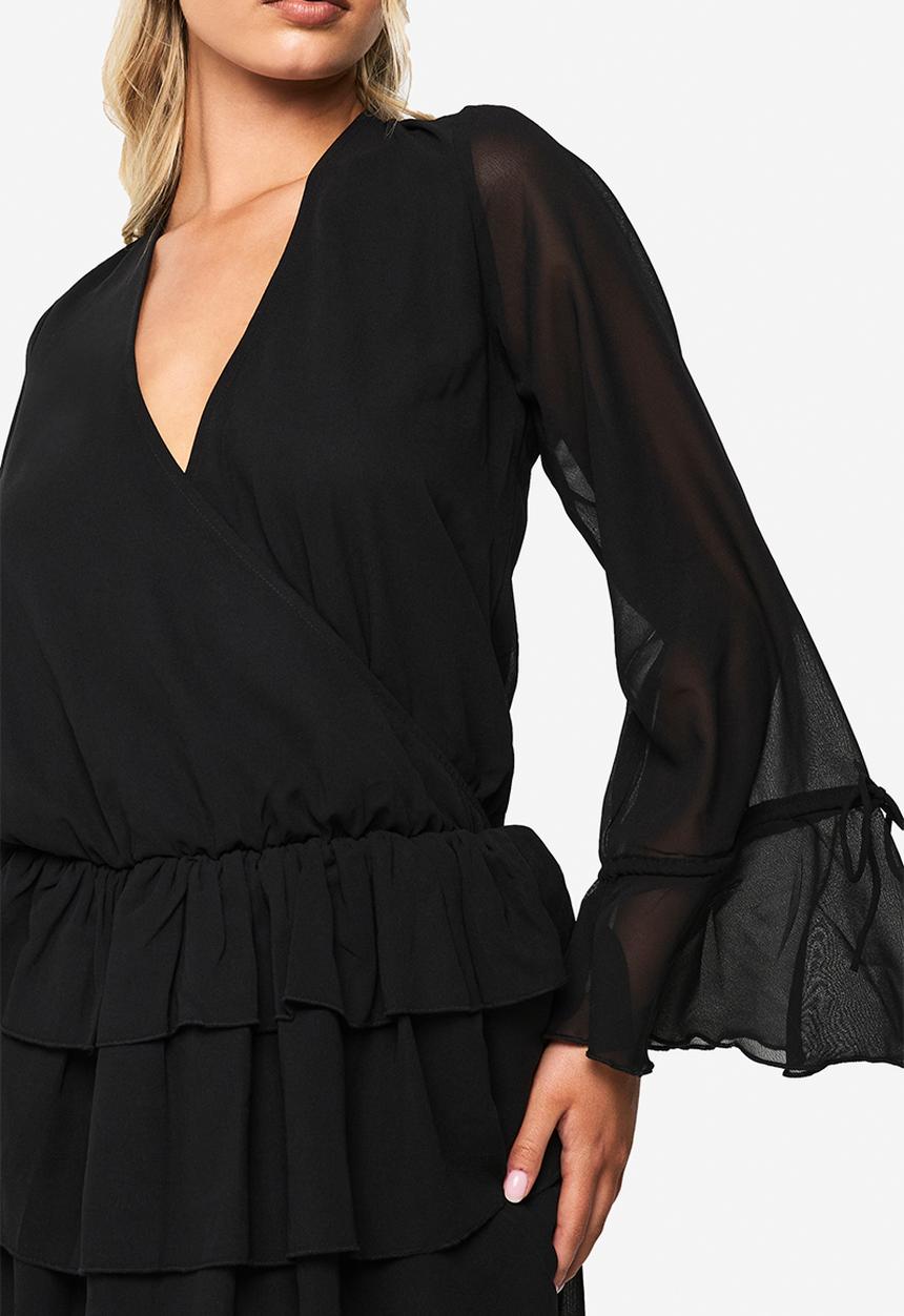 boohoo - Chiffon long sleeve mini dress - black