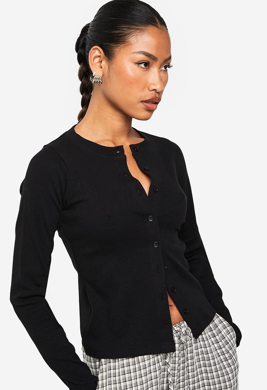 boohoo - Rib button through long sleeve top - black