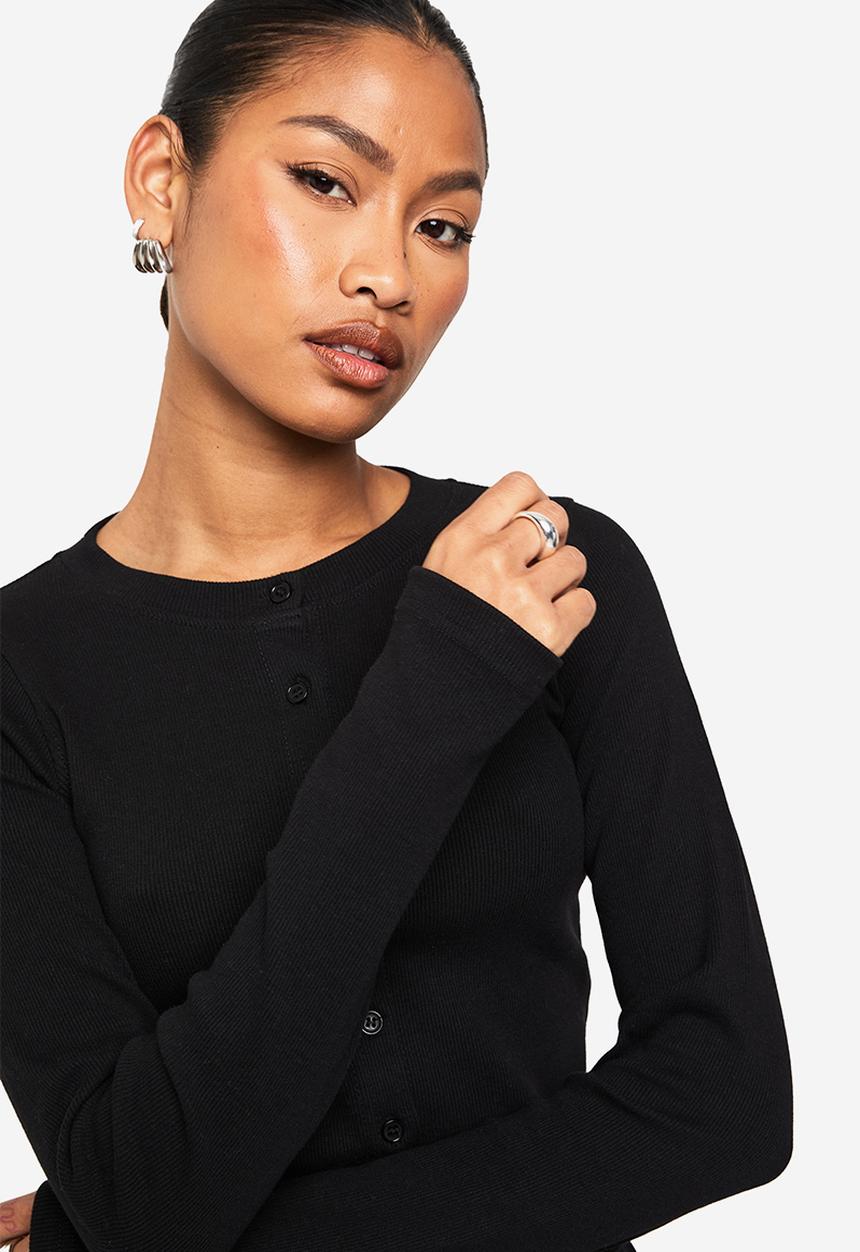 boohoo - Rib button through long sleeve top - black