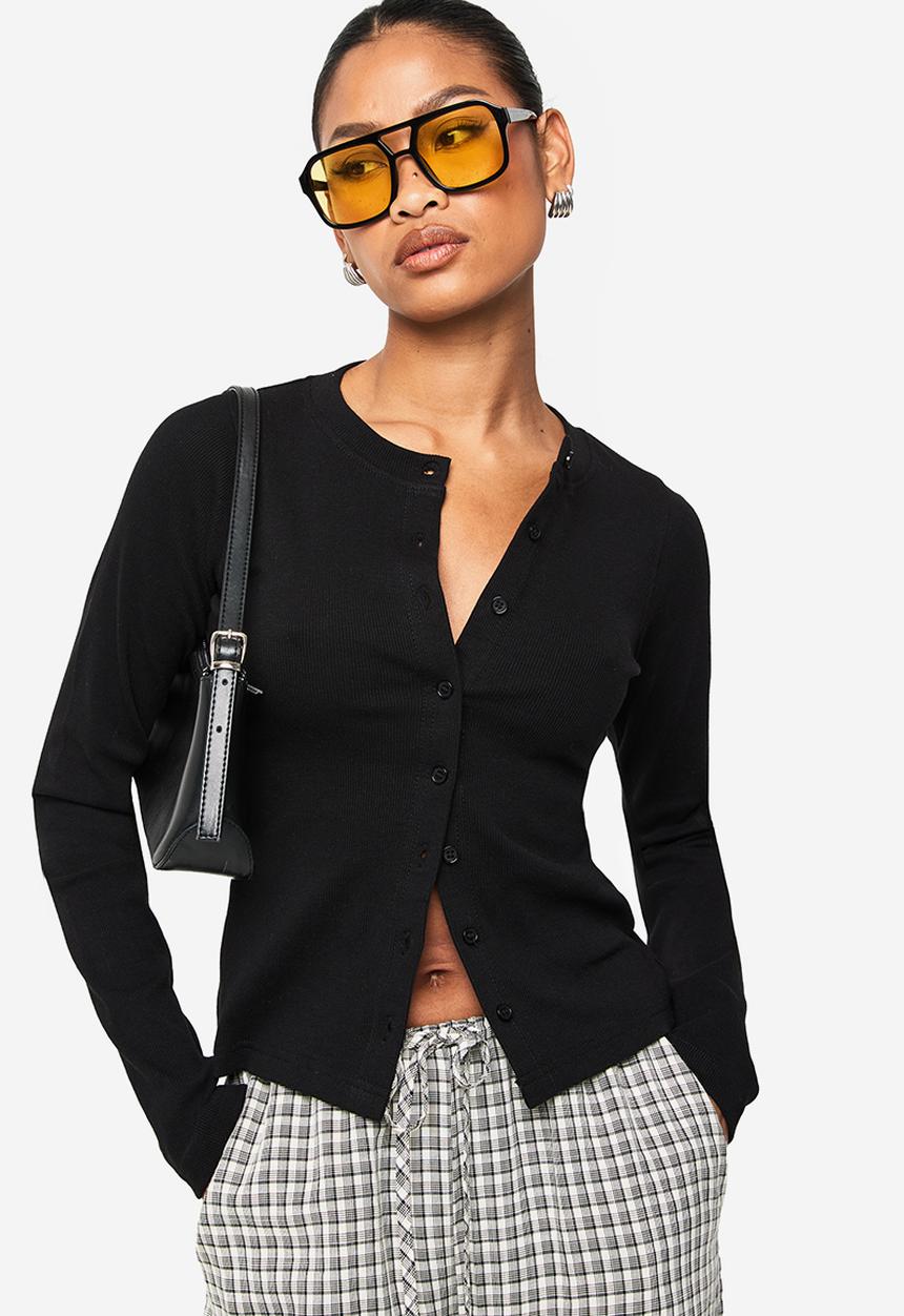 boohoo - Rib button through long sleeve top - black