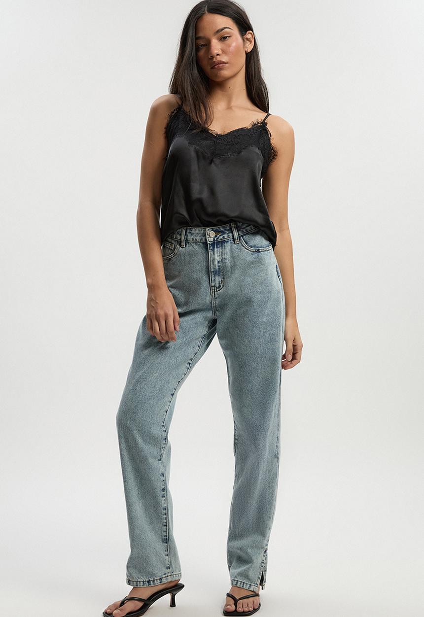 boohoo - Basic high waist split hem straight leg jean - light blue