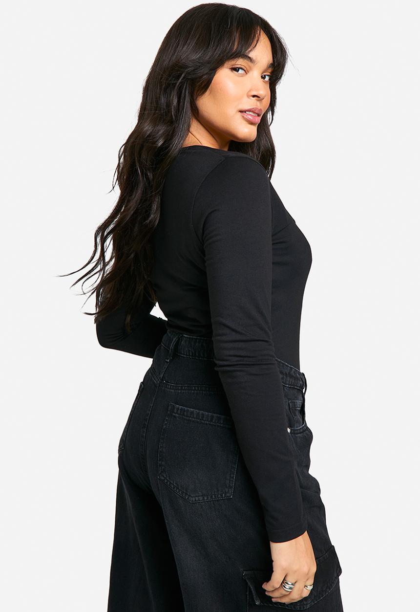 boohoo - Boohoo basics plus cotton square neck long sleeve bodysuit - black