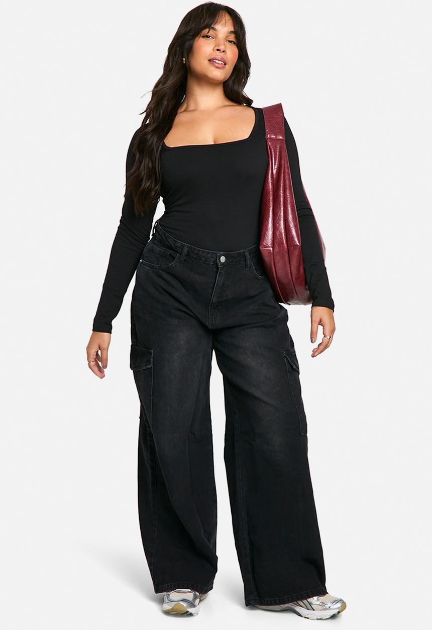 boohoo - Boohoo basics plus cotton square neck long sleeve bodysuit - black