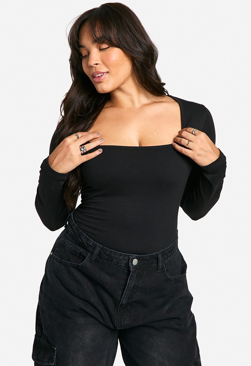 boohoo - Boohoo basics plus cotton square neck long sleeve bodysuit - black