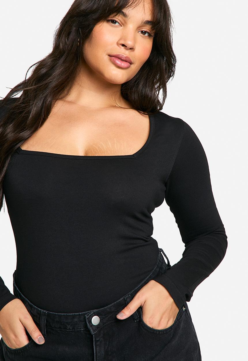 boohoo - Boohoo basics plus cotton square neck long sleeve bodysuit - black