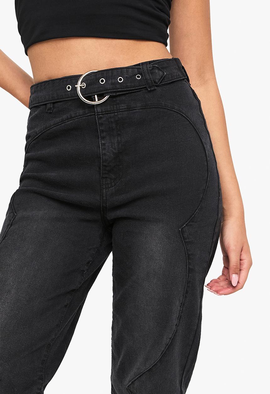 boohoo - Belted western detail denim jean - washed black