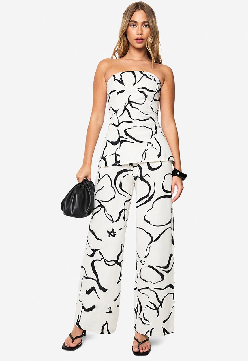 boohoo - Abstract floral linen look bandeau top - cream