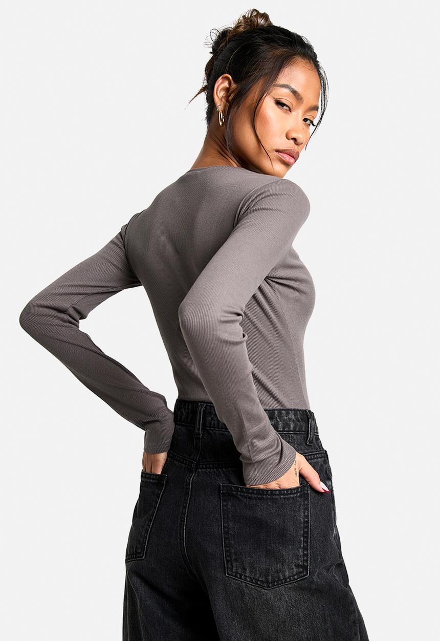 boohoo - Boohoo basics 2 pack crew neck long sleeve bodysuit - charcoal