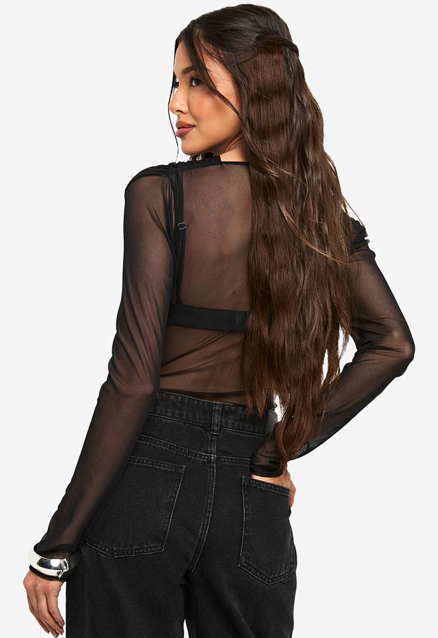 boohoo - Mesh cross over bodysuit - black