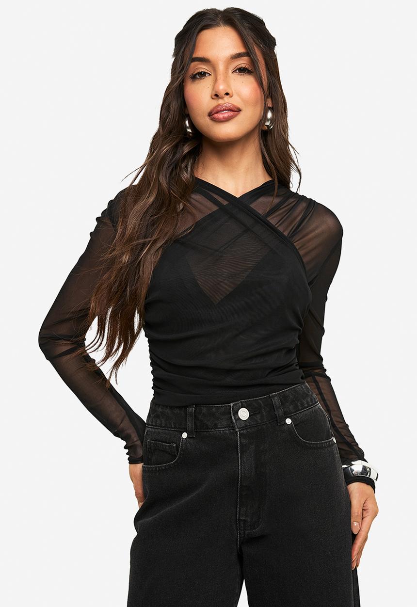 boohoo - Mesh cross over bodysuit - black