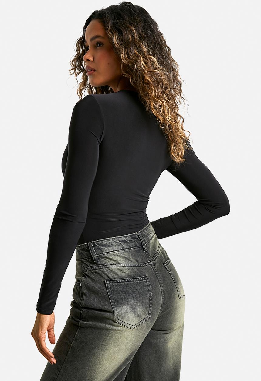 boohoo - Double layer slinky long sleeve crew neck bodysuit - black