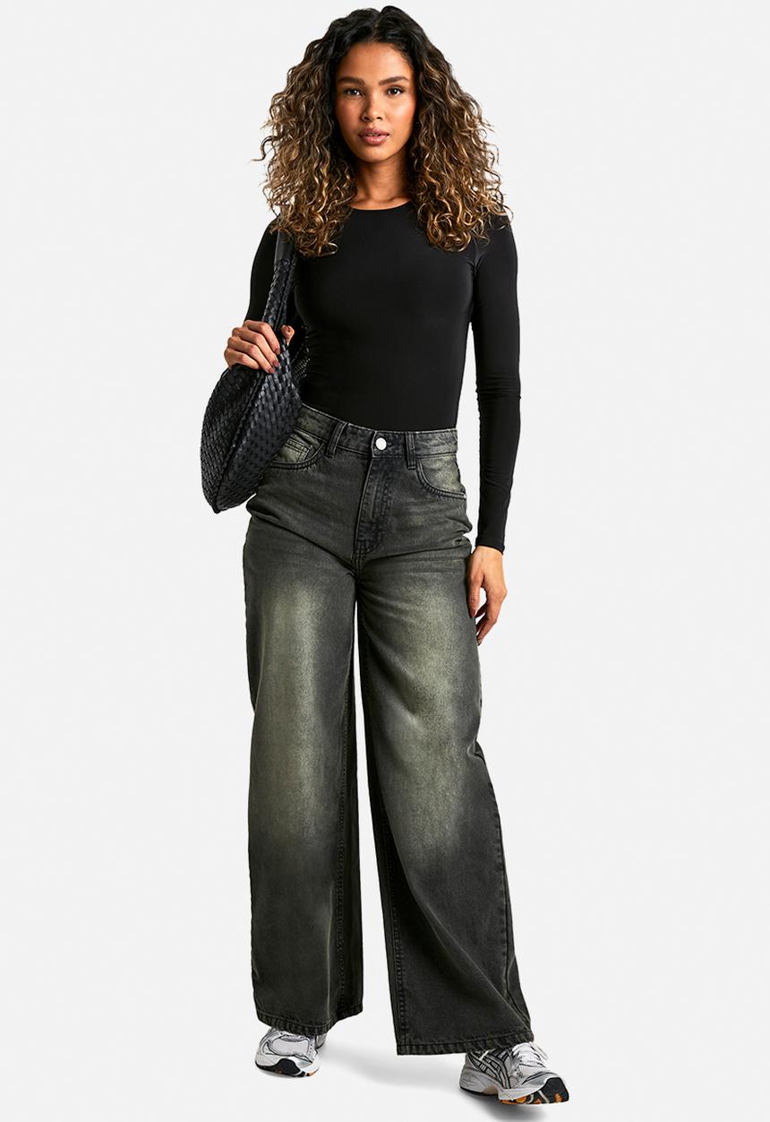 boohoo - Double layer slinky long sleeve crew neck bodysuit - black