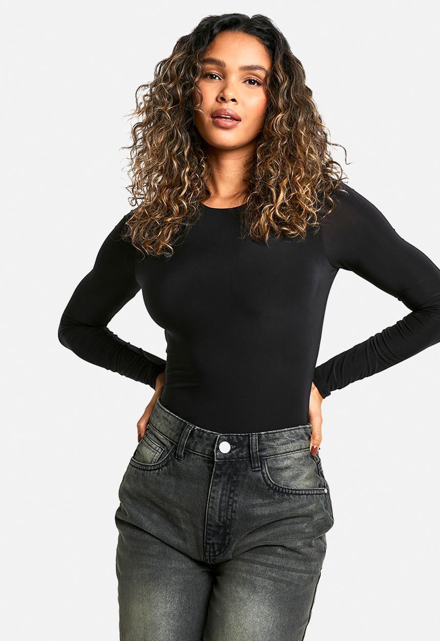 boohoo - Double layer slinky long sleeve crew neck bodysuit - black
