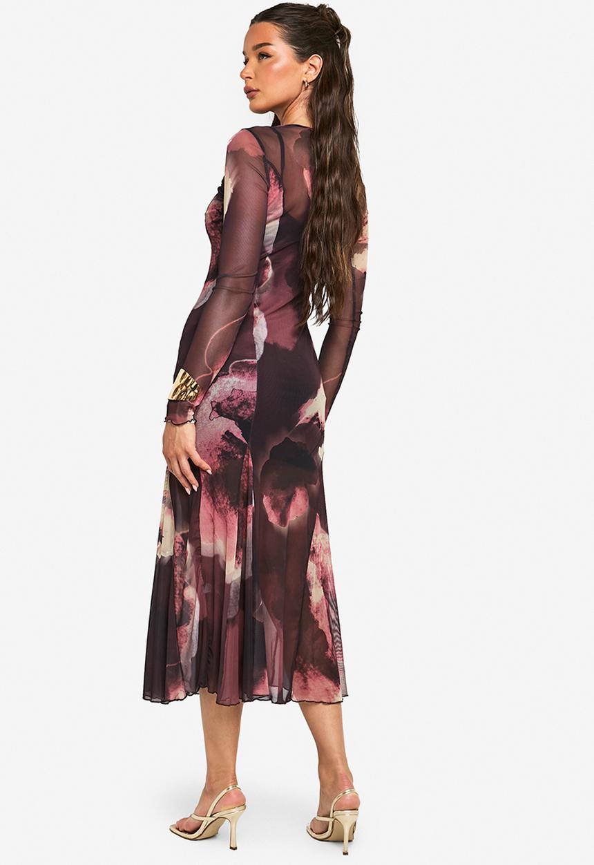 boohoo - Slash neck floral mesh print godet hem midaxi dress - plum