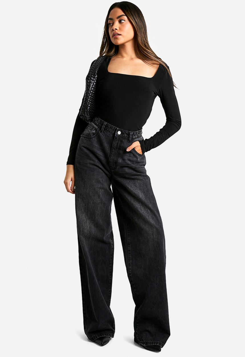 boohoo - Double layer slinky square neck long sleeve top - black