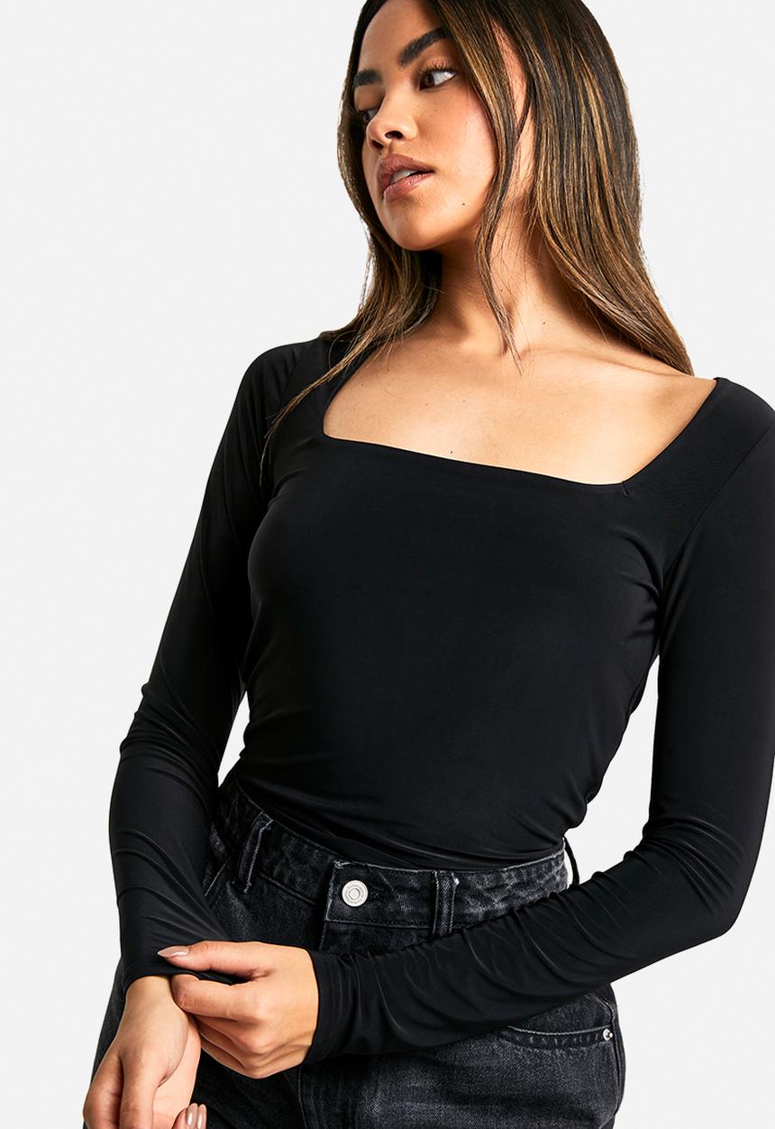 boohoo - Double layer slinky square neck long sleeve top - black