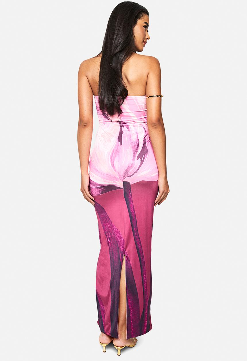 boohoo - Bandeau floral printed slinky maxi dress - burgundy