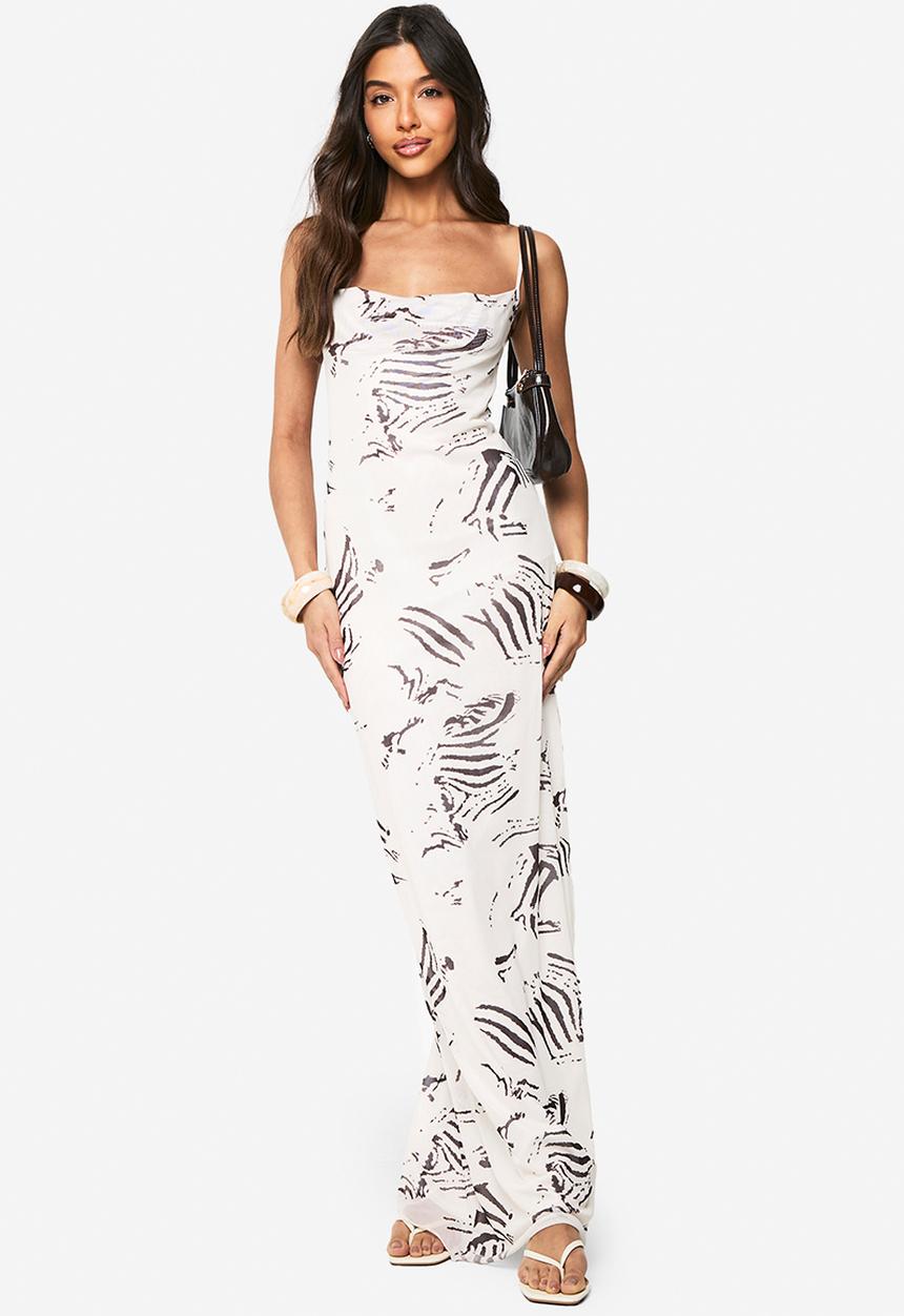 boohoo - Mesh animal cowl maxi dress - stone