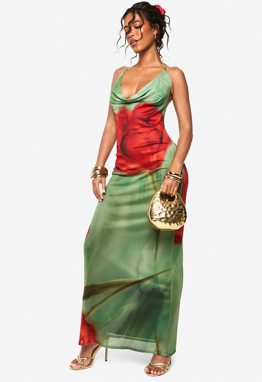 boohoo - Mesh floral print cowl maxi dress - green