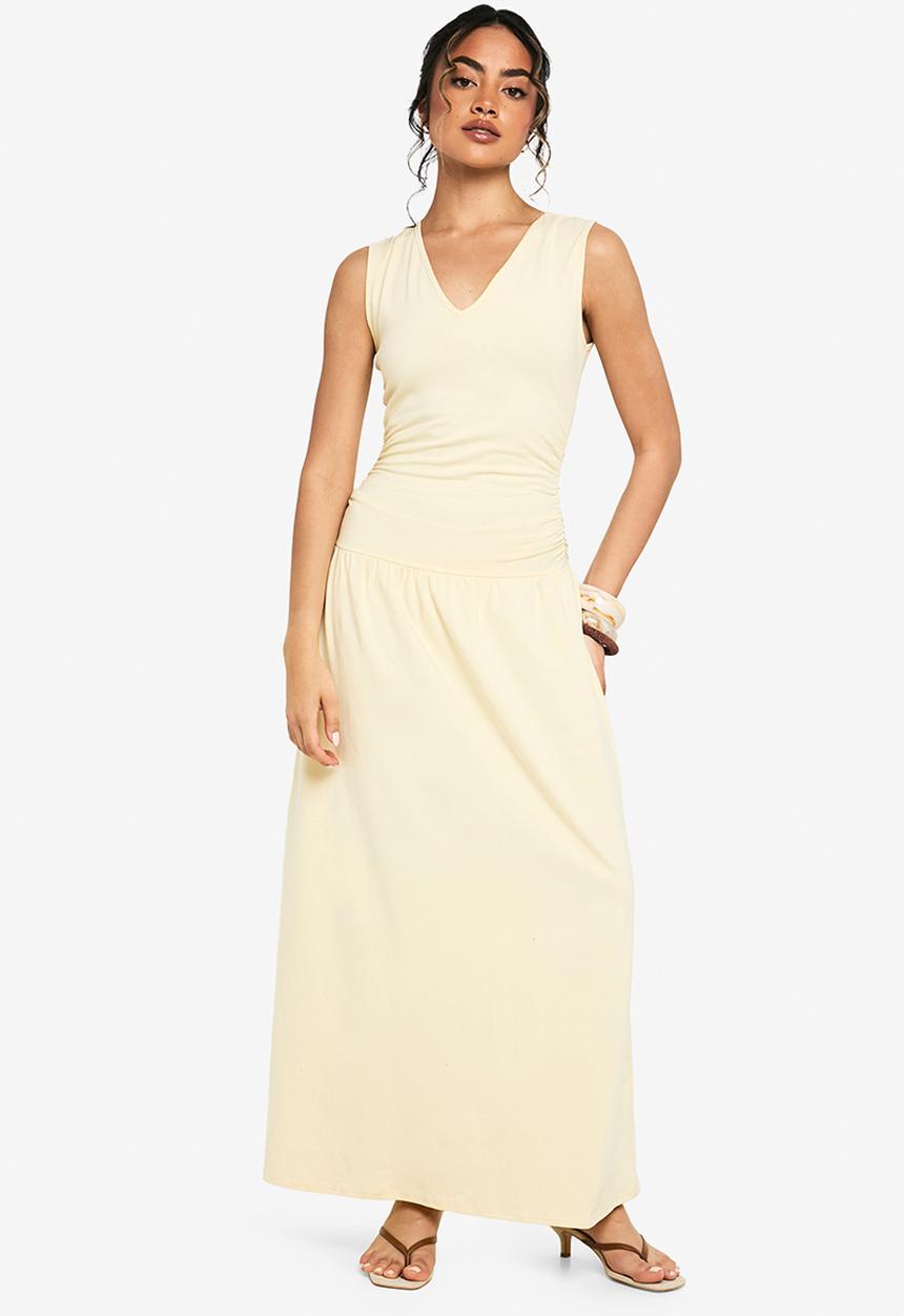 boohoo - V neck ruched detail maxi dress - lemon
