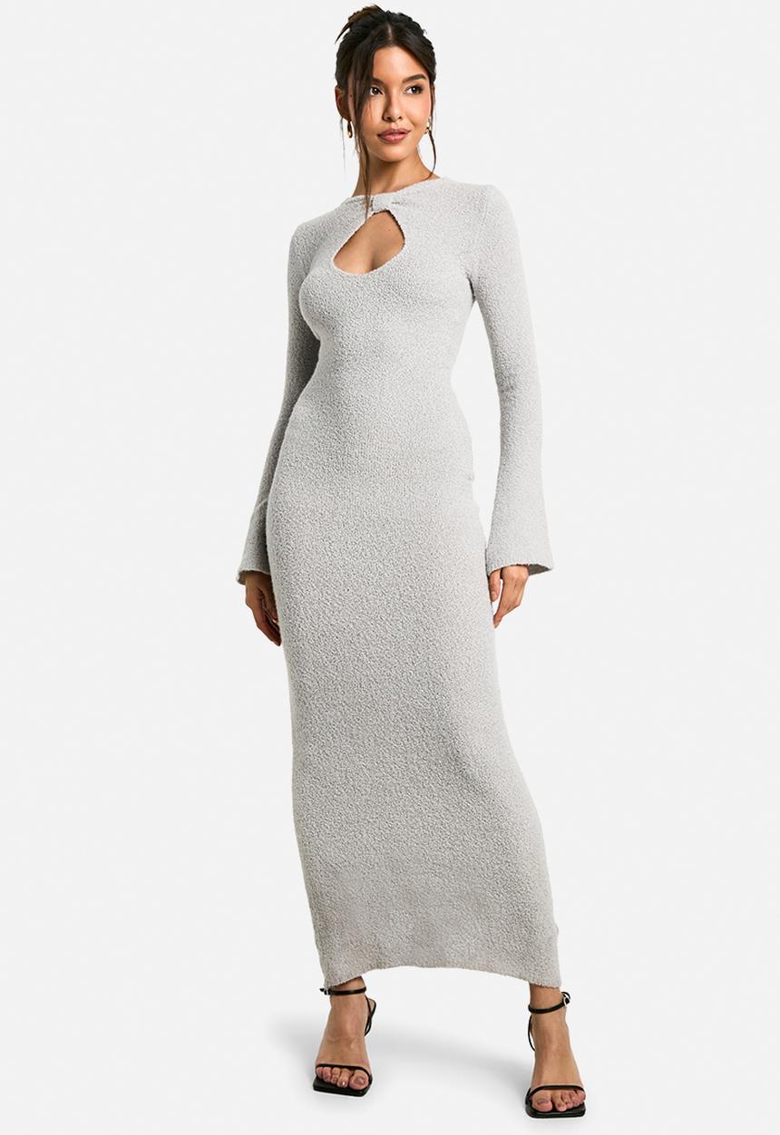 boohoo - Neck detail boucle maxi dress - grey