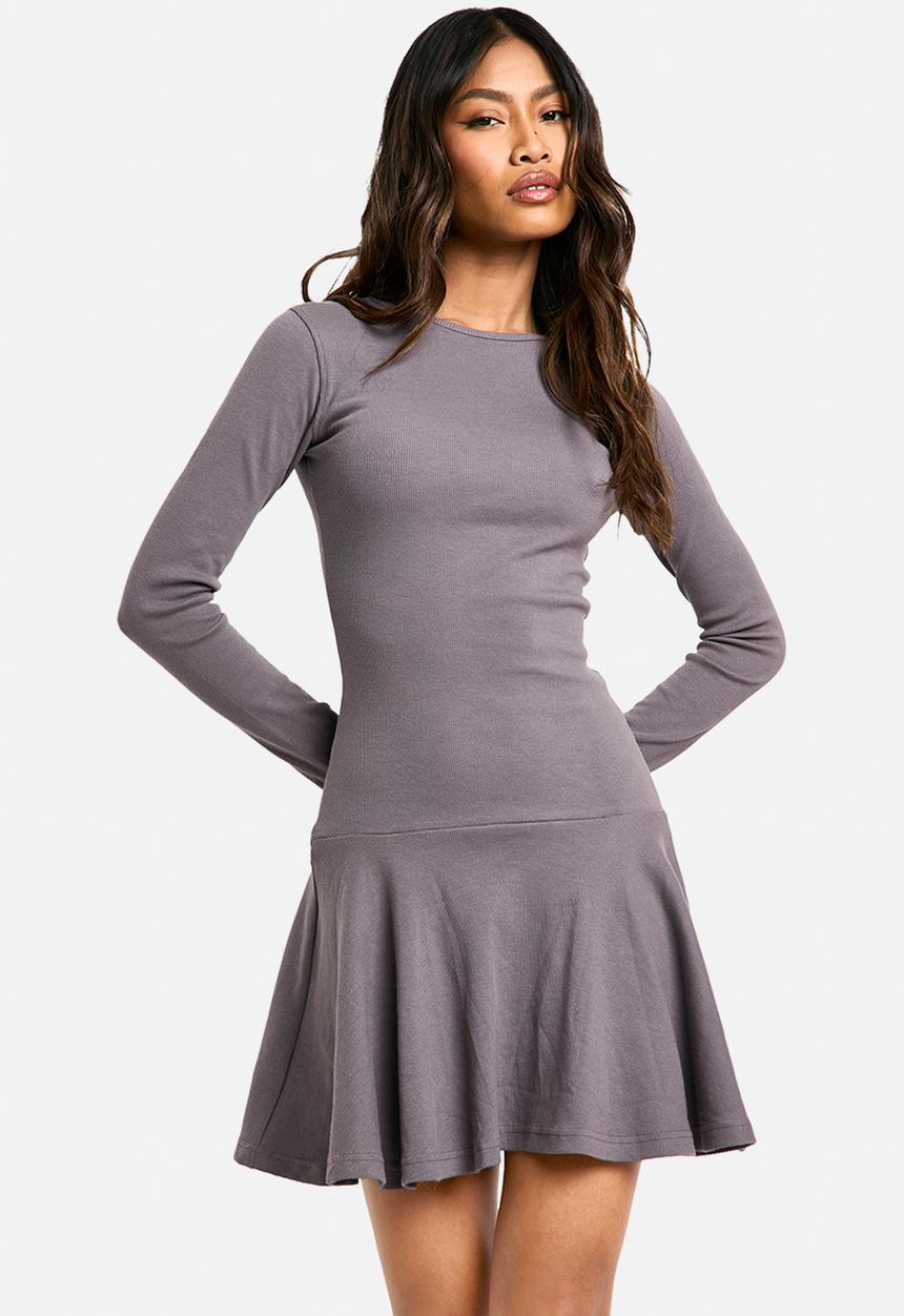 boohoo - Rib dropped hem skater dress - grey