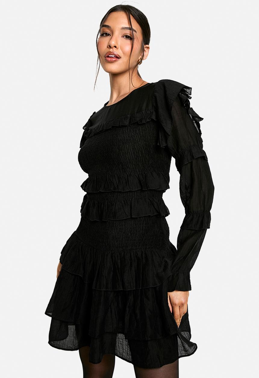 boohoo - Sheered long sleeve ruffle mini dress - black
