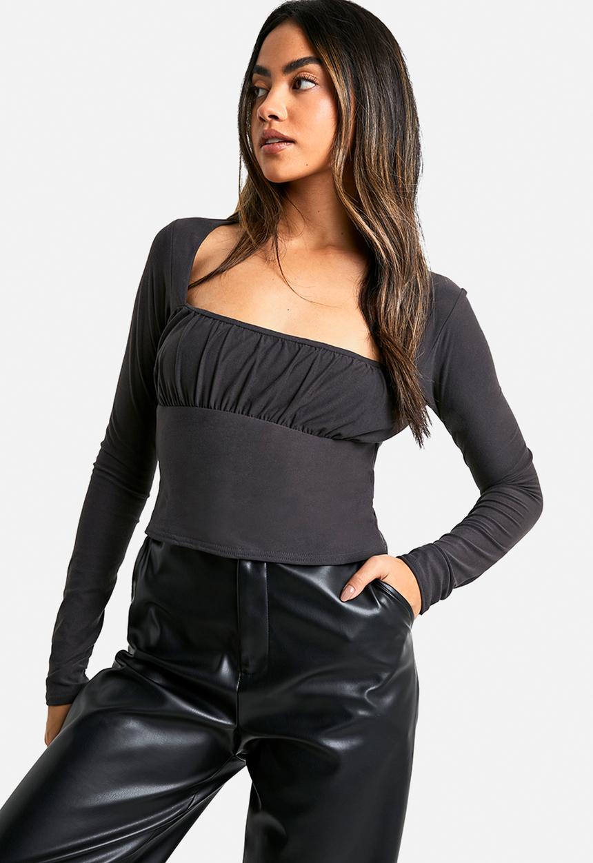 Super soft ruched bust long sleeve top - charcoal