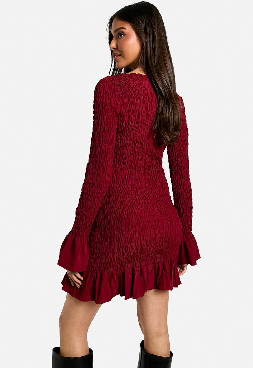 boohoo - Shirred long sleeve mini dress - burgundy